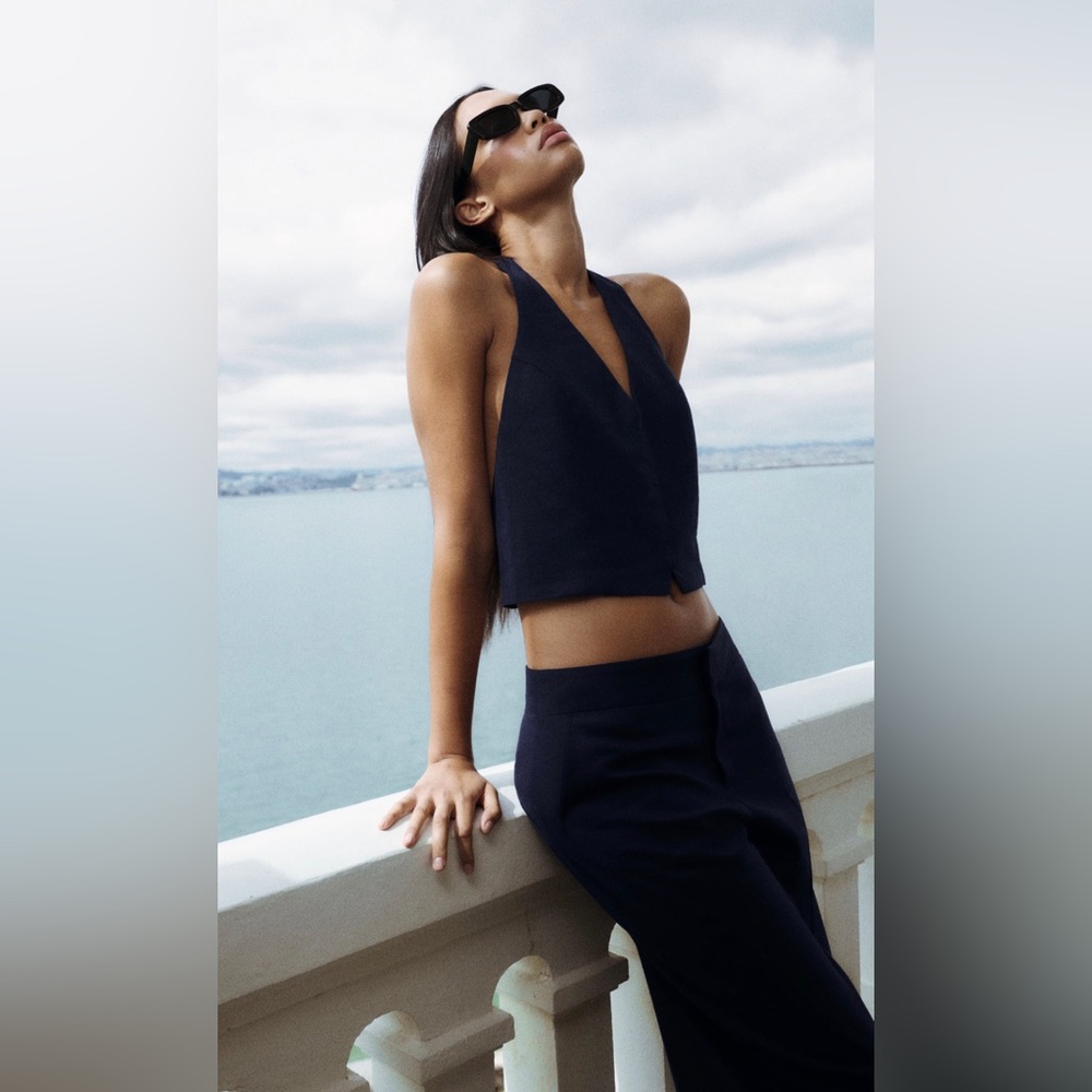 ZARA HOOK AND EYE LINEN BLEND HALTER TOP